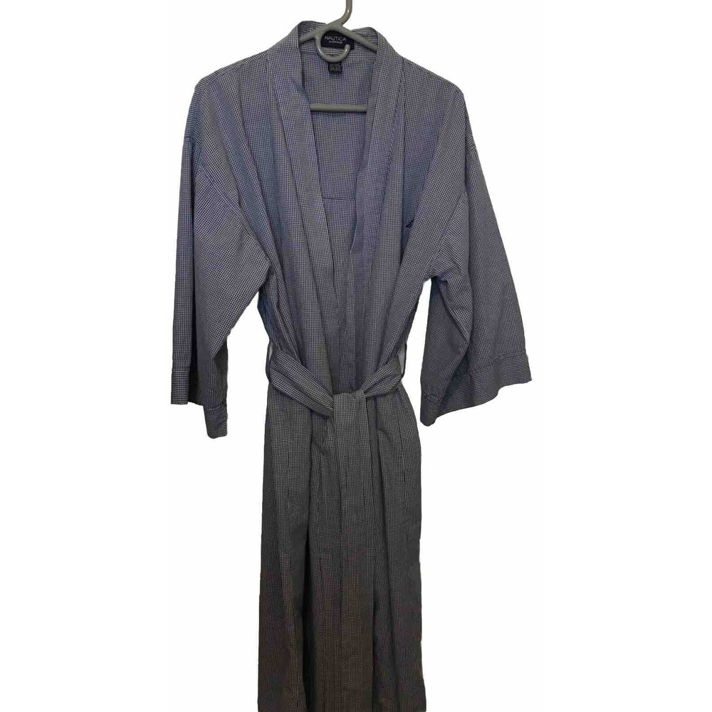Mens Nautica Sleepwear Robe Sm Blue Paid 100%‎ Cotton One Size Pockets 44"long